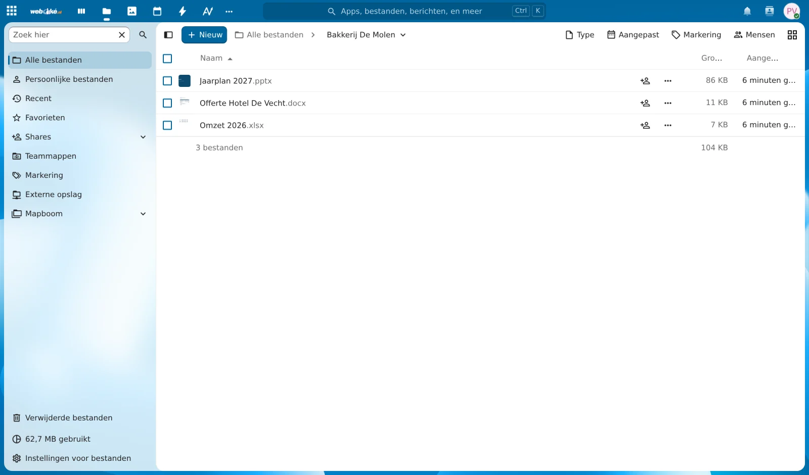 Filer i Nextcloud; ett klick på ett dokument öppnar det i Euro-Office