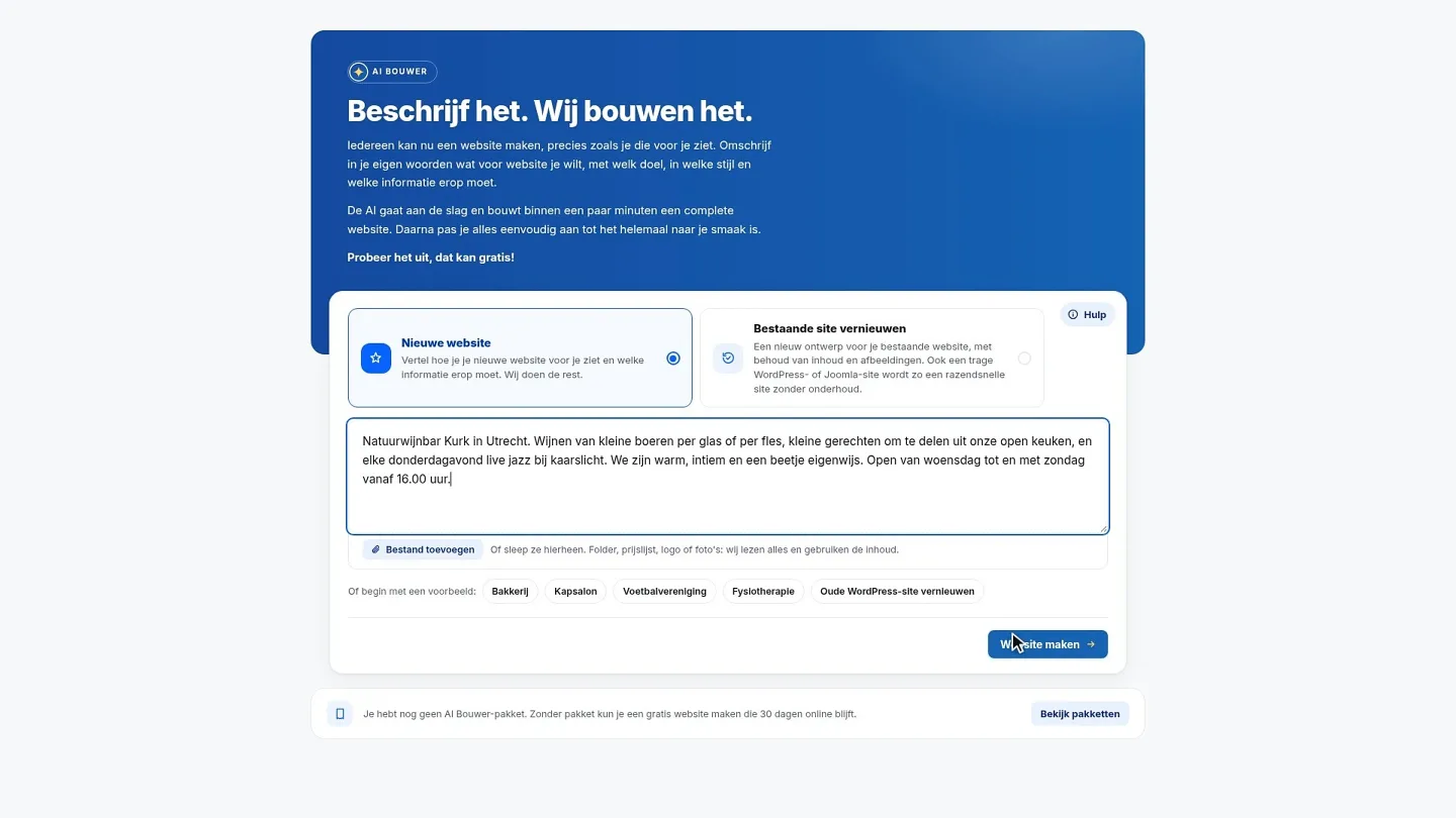 Startskärmen i AI Builder: under Ny webbplats står beskrivningen av en naturvinbar i Utrecht, och nere till höger finns knappen för att skapa webbplatsen.