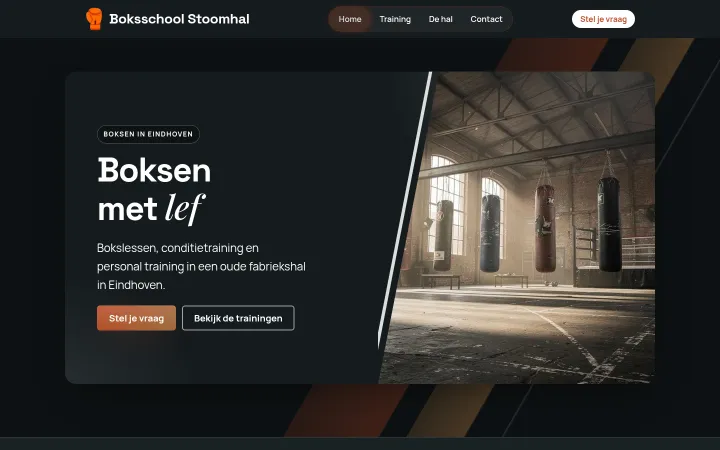 Startsidan för Boksschool Stoomhal, en exempelwebbplats skapad med WebOké AI Builder