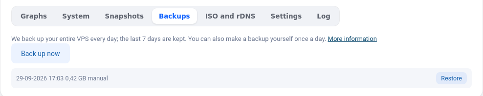 The Backups tab with Create a backup now and Restore